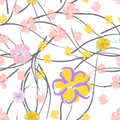 Gordijnen Pink Flowers Blooming Pattern. Pastel Watercolor. © Сашка Шаргаева