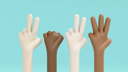 3D illustration. Multi nationality hands show symbol of new year 2023 on green background with cliping path.