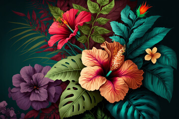 Exotic flowers and plants bouquet background. Generative AI. - obrazy, fototapety, plakaty
