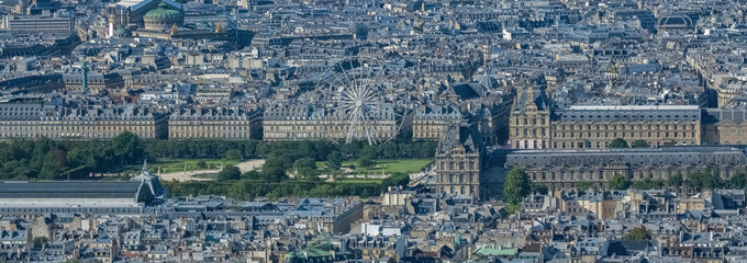Fototapeta na wymiar Paris, aerial view, Tuileries garden and the Louvre, with the famous Rivoli street 