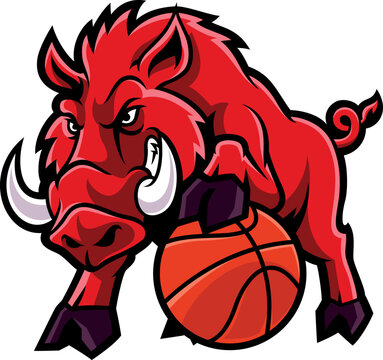 Aggressive Razorback Hog Mascot Playing Basketball