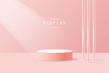 Naklejka na ściany i meble 3d background platform with pink glass modern pole. Realistic 3d white pink cylinder rendering podium platform. stand pedestal podium for showing cosmetic product. Stage for showcase product display