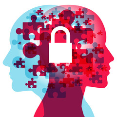 A Male and Female side silhouette profile overlaid with various blending semi-transparent jigsaw shapes. Centrally positioned is a solid white "locked" Padlock.