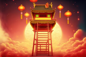 Podium on ladders with happy new year stock illustration Chinese New Year, Chinese Culture, Firework - Explosive Material, Temple - Building, Chinese Lantern Festival