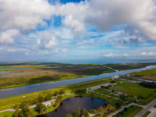 Fototapeta premium Aerial photo John Stretch Park Clewiston FL with amazing views of Lake Okeechobee