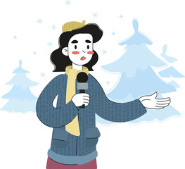 Vector illustration, a female reporter transmits a report on the street in winter. Weather forecast, winter, weather. Poster, poster, booklet, advertisement.