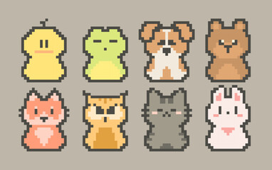 Vector pixel art animal series collection. Icons and stickers 8 bit style set of duck, frog, dog, bear, fox, owl, cat, rabbit.