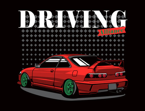 japan automotive car illustration with halftone background and text for hoodie printing vector design