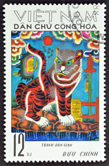  Cancelled postage stamp printed by Vietnam, that shows Tiger, Folklore artcirca 1971.