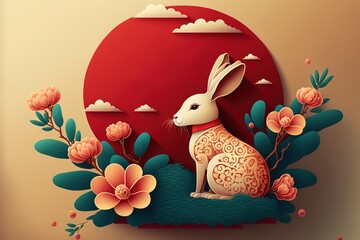 Happy chinese new year. Year of Rabbit charector with asian style on skyblue background. Chinese New Year, Rabbit - Animal, New Year, Podium