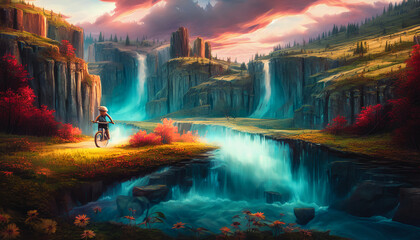 Fototapeta na wymiar A cyclist is depicted against the backdrop of a magical waterfall. Generative AI