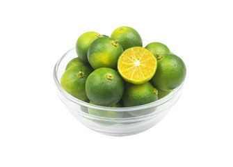 Several limes in glass bowl isolated on white background.	