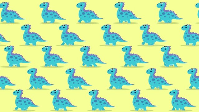 Blue dinos cartoon characters wallpaper walking on sand background. Cute children animation good as backdrop for intro, party, television programme, presentation, etc... Seamless loop.