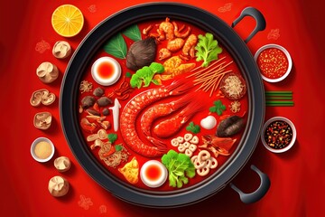 Chinese traditional Peng cai with luxury seafood, meat, vegetable and premium sauce in hot pot in red Chinese New Year