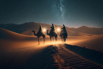 Three kings riding Camel on Desert - obrazy, fototapety, plakaty