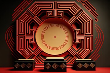 Chinese new year. chinese style backdrop with geometric podiums.