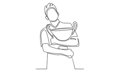 continuous line of man holding golden trophy