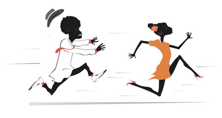 Young African woman runs away from the African man. 
Upset African man trying to catch up a runaway African woman. Isolated on white
