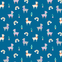 Cute Llama Animal Rainbow Cactus Allover Seamless Pattern Artwork 