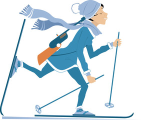 Biathlon competitor woman illustration. Skiing biathlon competitor womanm with a rifle on the shoulder. Isolated on white background