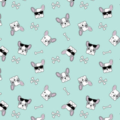 Cute Bulldog Dog Puppy Sunglasses Doggy Bone Character Art Design Allover Seamless Pattern Artwork