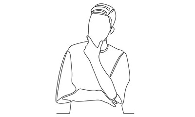 continuous line of worried man thinking