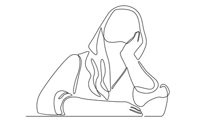 continuous line of worried woman thinking