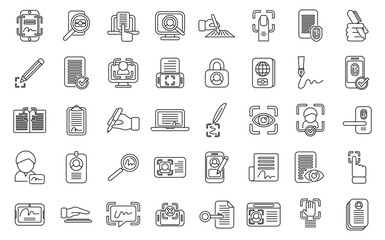 Handwriting identification icons set outline vector. Access approve. Biometric finger