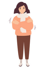 Cute sad girl freezing wearing, fall ill and shivering. Cartoon flat vector illustration.