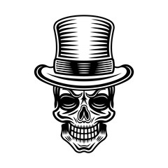 Gentleman skull in cylinder hat vector illustration in vintage monochrome style isolated on white background