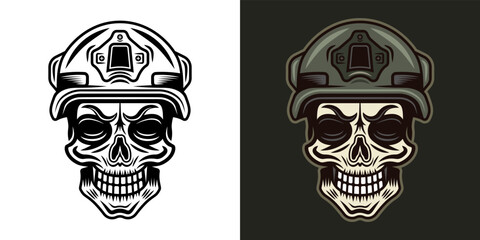 Skull of soldier in protective helmet vector illustration in two styles monochrome on white and colorful on dark background