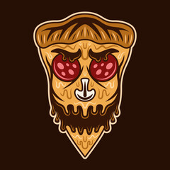 Pizza skull, spooky fast food vector illustration in colorful cartoon style on dark background