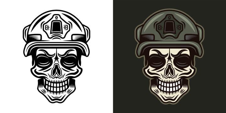 Skull of soldier in protective helmet vector illustration in two styles monochrome on white and colorful on dark background