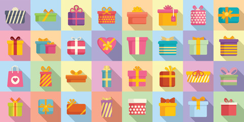 Birthday gift icons set flat vector. Present box. Card bow