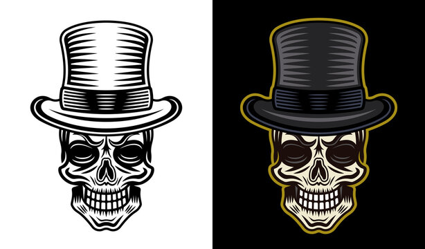 Gentleman skull in cylinder hat vector illustration in two styles monochrome on white and colorful on dark background