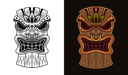Tiki wooden head vector illustration in two styles black on white and colorful on dark background © Flat_Enot