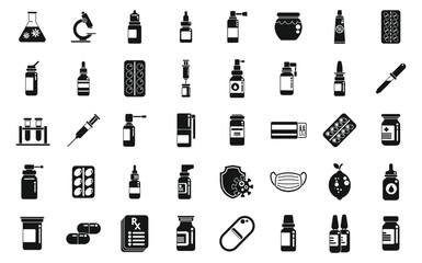 Fototapeta premium Antiviral medicines icons set simple vector. Covid syringe. Corona drug
