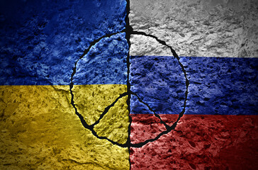 Russia and Ukraine War and peace summit symbol as cracks in cement for the Ukrainian and Russian nation as a European security concept as a diplomatic agreement