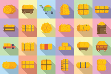 Bale of hay icons set flat vector. Agriculture bale. Dried haystack - obrazy, fototapety, plakaty