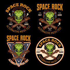 Rock music festival set of vector colorful emblems, logos, badges or labels with alien in headphones and crossed guitar necks on dark background