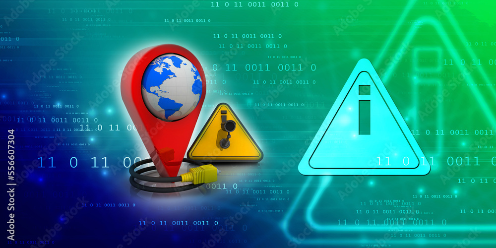 Poster 3d rendering red map pointer under cctv camera connected aux cable