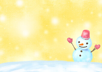 黄色背景の手描きのかわいい雪だるま