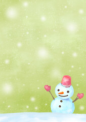 黄緑背景の手描きのかわいい雪だるま