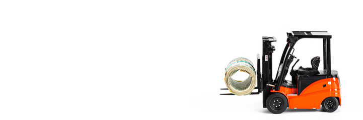 forklift with roll of dollars isolated on white background. Strongest financial assistance, support of business and people after coronavirus covid-19 pandemic. Mockup with copy space