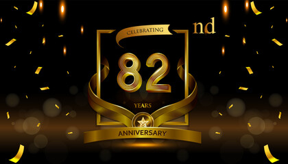 82nd golden anniversary logo with gold ring and golden ribbon, vector design for birthday celebration, invitation card.
