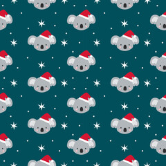Seamless Vector Repeat Pattern Christmas Festive Koala Heads and Stars Snow Santa Hats © MiniCherie