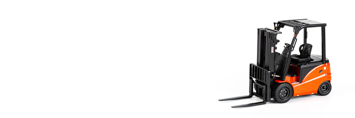 Red toy forklift loader isolated on white background. Horizontal web banner with Copy Space for...