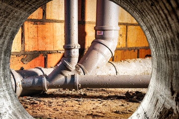 Sewer pipes in home basement. System of gray sanitary pipes when