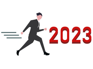 新年の2023年の仕事へと走りだすビジネスマン、新しいチャレンジ、昇進。ベクターイラスト
