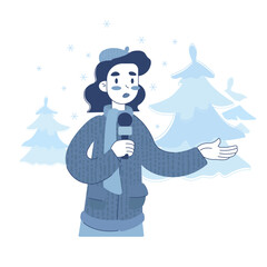 Vector illustration, a female reporter transmits a report on the street in winter. Weather forecast, winter, weather. Poster, poster, booklet, advertisement.